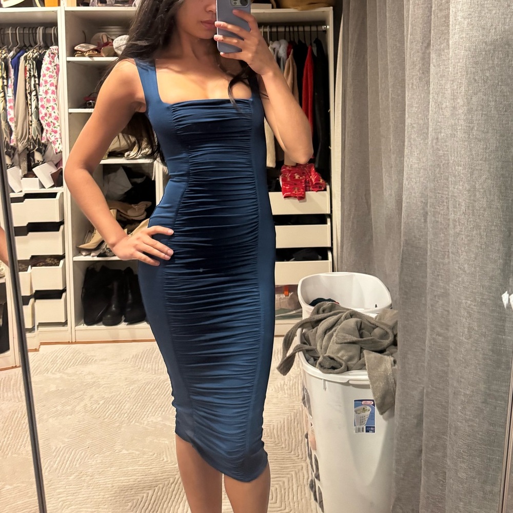 Oh Polly Navy Ruched Midi Dress